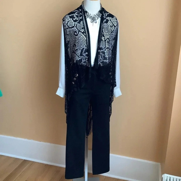 CREAM Black Mesh Fringed Lace Coverup OS - Picture 8 of 15